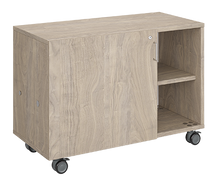 Load image into Gallery viewer, Mobile classroom storage featuring a three-column configuration with two columns of trays and one column of cubbies, customizable laminate finishes, optional doors, and durable casters for flexible classroom storage.
