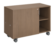 Load image into Gallery viewer, Mobile classroom storage featuring a three-column configuration with two columns of trays and one column of cubbies, customizable laminate finishes, optional doors, and durable casters for flexible classroom storage.
