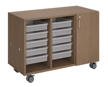 Load image into Gallery viewer, Mobile classroom storage featuring a three-column configuration with two columns of trays and one column of cubbies, customizable laminate finishes, optional doors, and durable casters for flexible classroom storage.
