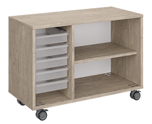 Load image into Gallery viewer, Mobile classroom storage unit with a two-column configuration, one trays and one open shelves, customizable laminate finishes, optional doors, and durable rolling casters.
