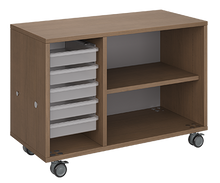 Load image into Gallery viewer, Mobile classroom storage unit with a two-column configuration, one trays and one open shelves, customizable laminate finishes, optional doors, and durable rolling casters.
