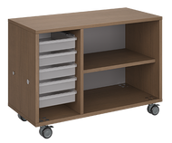 Mobile classroom storage unit with a two-column configuration, one trays and one open shelves, customizable laminate finishes, optional doors, and durable rolling casters.