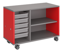 Load image into Gallery viewer, Mobile classroom storage unit with a two-column configuration, one trays and one open shelves, customizable laminate finishes, optional doors, and durable rolling casters.
