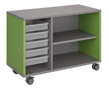 Load image into Gallery viewer, Mobile classroom storage unit with a two-column configuration, one trays and one open shelves, customizable laminate finishes, optional doors, and durable rolling casters.
