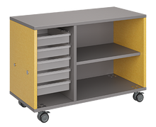 Load image into Gallery viewer, Mobile classroom storage unit with a two-column configuration, one trays and one open shelves, customizable laminate finishes, optional doors, and durable rolling casters.
