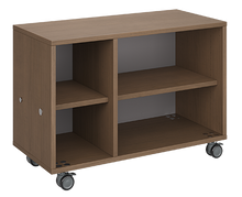 Load image into Gallery viewer, Mobile classroom storage unit with a two-column configuration, one cubbies and one open shelves, customizable laminate finishes, optional doors, and durable rolling casters.
