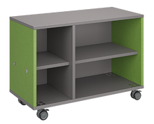 Load image into Gallery viewer, Mobile classroom storage unit with a two-column configuration, one trays and one open shelves, customizable laminate finishes, optional doors, and durable rolling casters.

