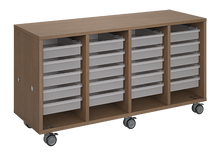 Load image into Gallery viewer, Mobile classroom storage unit with four tray columns, customizable laminate finishes, optional doors, and durable casters for organized, flexible storage.
