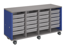 Load image into Gallery viewer, Mobile classroom storage unit with four tray columns, customizable laminate finishes, optional doors, and durable casters for organized, flexible storage.
