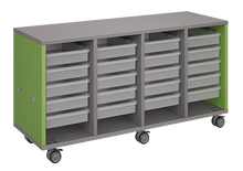 Load image into Gallery viewer, Mobile classroom storage unit with four tray columns, customizable laminate finishes, optional doors, and durable casters for organized, flexible storage.
