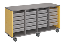 Load image into Gallery viewer, Mobile classroom storage unit with four tray columns, customizable laminate finishes, optional doors, and durable casters for organized, flexible storage.
