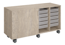 Load image into Gallery viewer, Mobile classroom storage unit with four tray columns, customizable laminate finishes, optional doors, and durable casters for organized, flexible storage.
