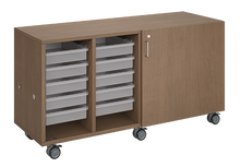 Load image into Gallery viewer, Mobile classroom storage unit with four tray columns, customizable laminate finishes, optional doors, and durable casters for organized, flexible storage.
