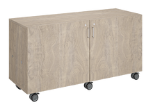 Load image into Gallery viewer, Mobile classroom storage unit with four tray columns, customizable laminate finishes, optional doors, and durable casters for organized, flexible storage.
