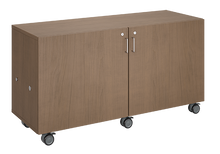 Load image into Gallery viewer, Mobile classroom storage unit with four tray columns, customizable laminate finishes, optional doors, and durable casters for organized, flexible storage.
