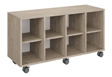 Load image into Gallery viewer, Mobile classroom storage unit with four cubby columns, customizable laminate finishes, optional doors, and durable casters for organized, flexible storage.

