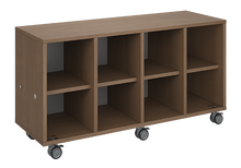 Load image into Gallery viewer, Mobile classroom storage unit with four cubby columns, customizable laminate finishes, optional doors, and durable casters for organized, flexible storage.
