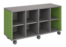 Load image into Gallery viewer, Mobile classroom storage unit with four cubby columns, customizable laminate finishes, optional doors, and durable casters for organized, flexible storage.
