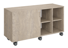 Load image into Gallery viewer, Mobile classroom storage unit with four cubby columns, customizable laminate finishes, optional doors, and durable casters for organized, flexible storage.
