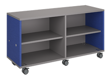 Load image into Gallery viewer, Mobile classroom storage unit with two shelving columns, customizable laminate finishes, optional doors, and durable casters for organized, flexible storage.
