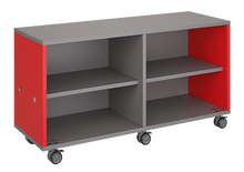 Load image into Gallery viewer, Mobile classroom storage unit with two shelving columns, customizable laminate finishes, optional doors, and durable casters for organized, flexible storage.

