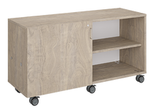 Load image into Gallery viewer, Mobile classroom storage unit with two shelving columns, customizable laminate finishes, optional doors, and durable casters for organized, flexible storage.
