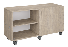 Load image into Gallery viewer, Mobile classroom storage unit with two shelving columns, customizable laminate finishes, optional doors, and durable casters for organized, flexible storage.
