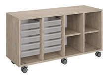 Load image into Gallery viewer, Mobile classroom storage featuring a four-column configuration with two columns of trays and two columns of cubbies, customizable laminate finishes, optional doors, and durable casters for flexible classroom storage.
