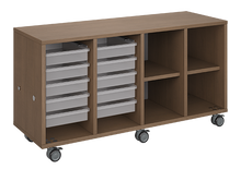 Load image into Gallery viewer, Mobile classroom storage featuring a four-column configuration with two columns of trays and two columns of cubbies, customizable laminate finishes, optional doors, and durable casters for flexible classroom storage.
