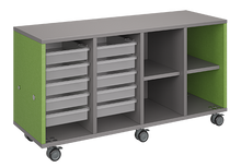 Load image into Gallery viewer, Mobile classroom storage featuring a four-column configuration with two columns of trays and two columns of cubbies, customizable laminate finishes, optional doors, and durable casters for flexible classroom storage.
