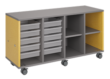 Load image into Gallery viewer, Mobile classroom storage featuring a four-column configuration with two columns of trays and two columns of cubbies, customizable laminate finishes, optional doors, and durable casters for flexible classroom storage.
