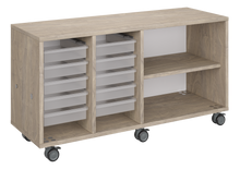 Load image into Gallery viewer, Mobile classroom storage with two columns of trays and one column of shelves, customizable laminate finishes, optional doors, and durable casters for flexible classroom storage.
