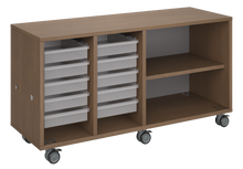 Load image into Gallery viewer, Mobile classroom storage with two columns of trays and one column of shelves, customizable laminate finishes, optional doors, and durable casters for flexible classroom storage.
