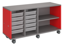 Load image into Gallery viewer, Mobile classroom storage with two columns of trays and one column of shelves, customizable laminate finishes, optional doors, and durable casters for flexible classroom storage.
