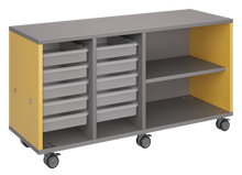 Load image into Gallery viewer, Mobile classroom storage with two columns of trays and one column of shelves, customizable laminate finishes, optional doors, and durable casters for flexible classroom storage.
