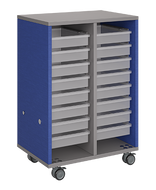 Mobile classroom storage unit with two tray columns, customizable laminate finishes, optional doors, and durable casters for organized, flexible storage.