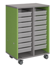 Load image into Gallery viewer, Mobile classroom storage unit with two tray columns, customizable laminate finishes, optional doors, and durable casters for organized, flexible storage.
