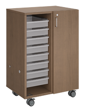 Load image into Gallery viewer, Mobile classroom storage unit with two tray columns, customizable laminate finishes, optional doors, and durable casters for organized, flexible storage.
