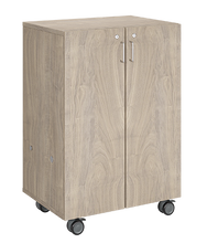 Load image into Gallery viewer, Mobile classroom storage unit with two tray columns, customizable laminate finishes, optional doors, and durable casters for organized, flexible storage.
