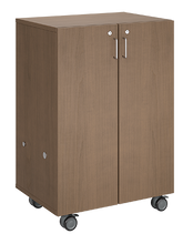 Load image into Gallery viewer, Mobile classroom storage unit with two tray columns, customizable laminate finishes, optional doors, and durable casters for organized, flexible storage.
