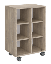 Load image into Gallery viewer, Mobile classroom storage with two cubby columns, customizable laminate finishes, optional doors, and durable casters for organized, flexible storage.
