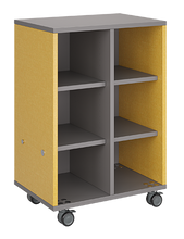 Load image into Gallery viewer, Mobile classroom storage with two cubby columns, customizable laminate finishes, optional doors, and durable casters for organized, flexible storage.
