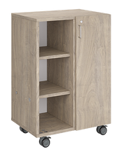 Load image into Gallery viewer, Mobile classroom storage with two cubby columns, customizable laminate finishes, optional doors, and durable casters for organized, flexible storage.
