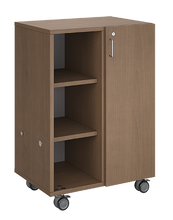Load image into Gallery viewer, Mobile classroom storage with two cubby columns, customizable laminate finishes, optional doors, and durable casters for organized, flexible storage.
