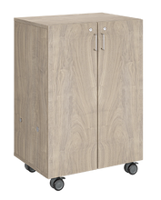 Load image into Gallery viewer, Mobile classroom storage with two cubby columns, customizable laminate finishes, optional doors, and durable casters for organized, flexible storage.
