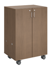 Load image into Gallery viewer, Mobile classroom storage with two cubby columns, customizable laminate finishes, optional doors, and durable casters for organized, flexible storage.
