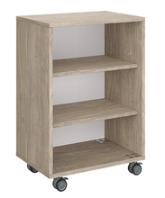 Load image into Gallery viewer, Mobile classroom storage unit with all-shelf configuration, customizable laminate finishes, optional doors, and durable casters for organized, flexible storage.

