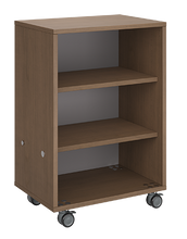 Load image into Gallery viewer, Mobile classroom storage unit with all-shelf configuration, customizable laminate finishes, optional doors, and durable casters for organized, flexible storage.
