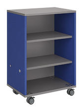 Load image into Gallery viewer, Mobile classroom storage unit with all-shelf configuration, customizable laminate finishes, optional doors, and durable casters for organized, flexible storage.
