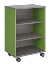 Load image into Gallery viewer, Mobile classroom storage unit with all-shelf configuration, customizable laminate finishes, optional doors, and durable casters for organized, flexible storage.
